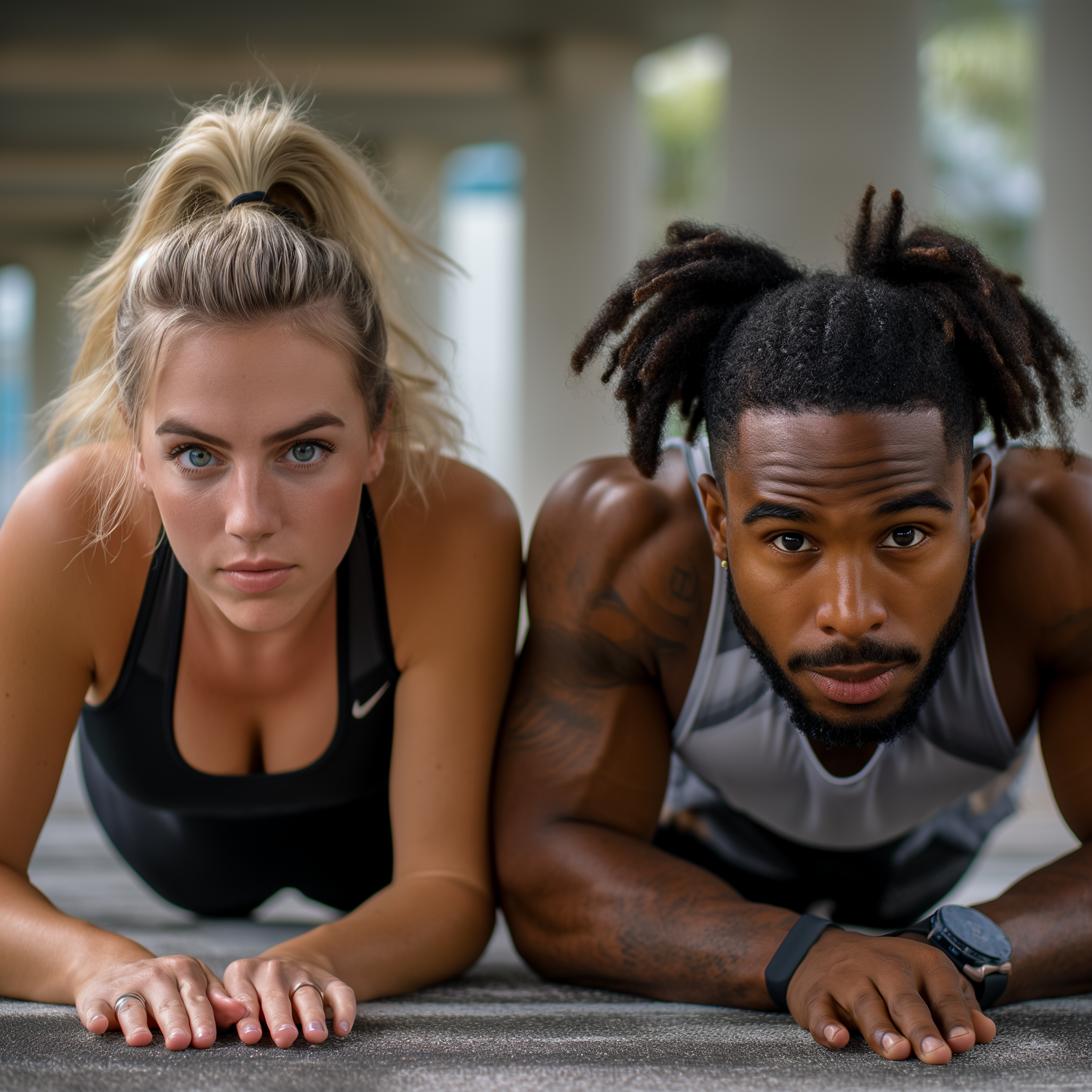 Woman and Man dressed in fitness attire in plank position on floor.